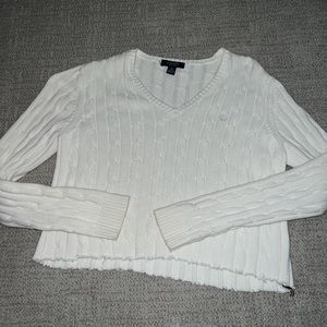 white cable knit sweater